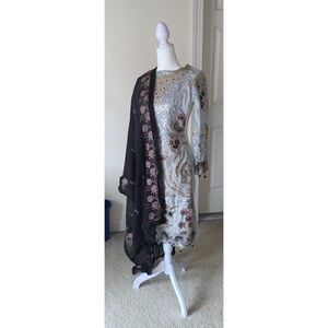 Gray and Black Floral Embroidered Shalwar Kameez